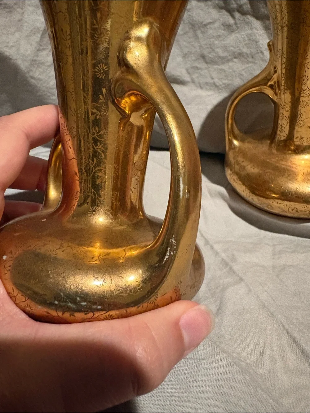 Pearl China 22K Gold Decorative Double-Handled Ceramic Vases - Pair